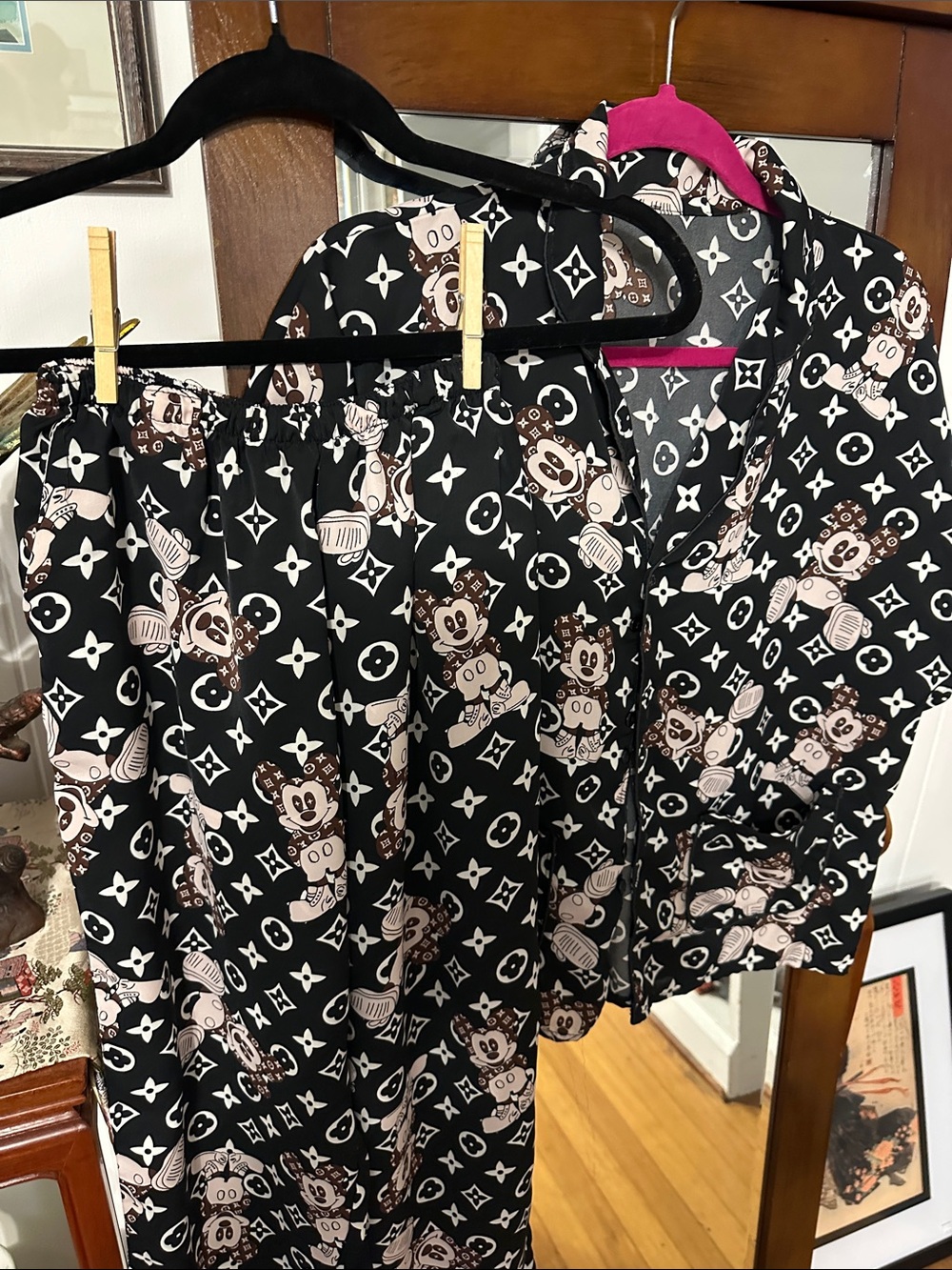 Women’s  Black and Beige Cartoon-Print Button Up Shirt & Pants PJ /Loungewear